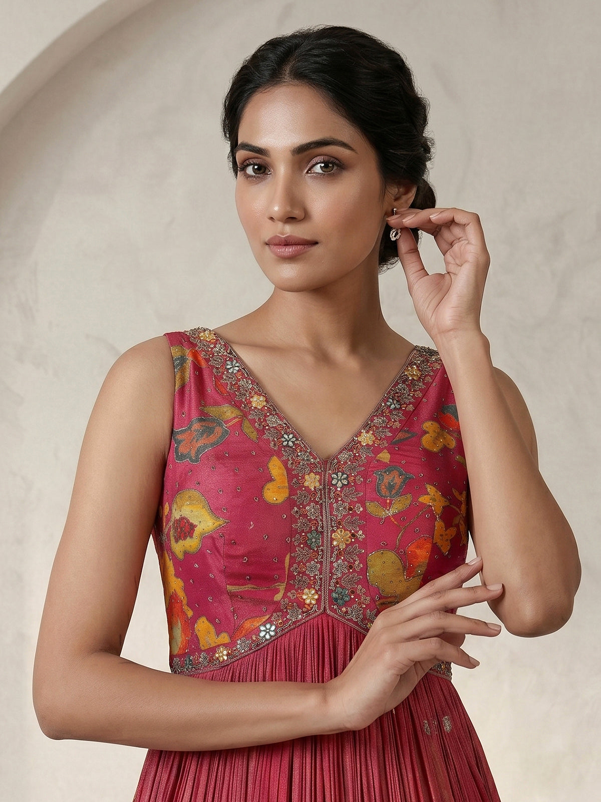 Rani pink floral printed silk anarkali suit with dupatta