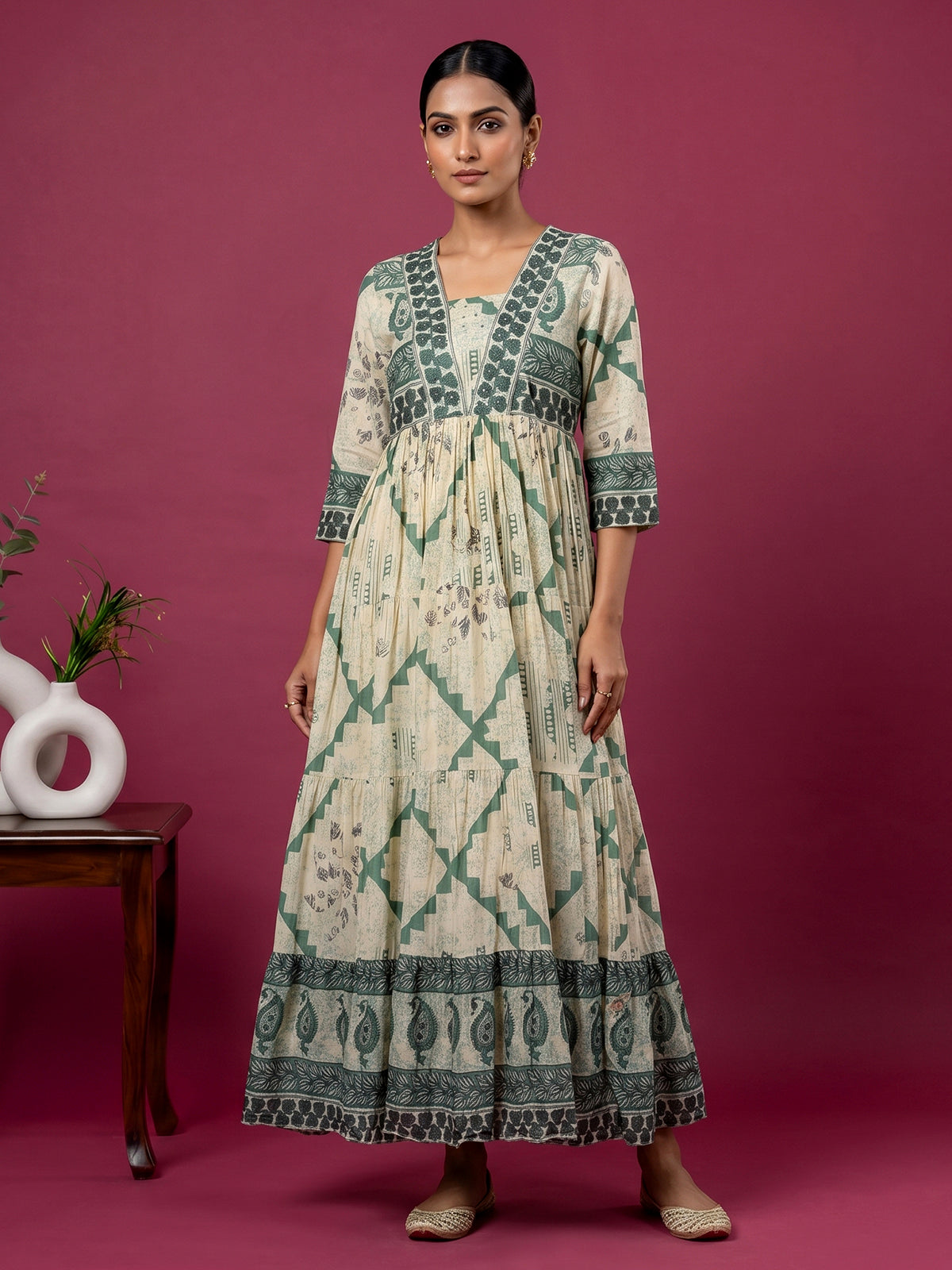 Cream and green floral printed cotton casual kurti