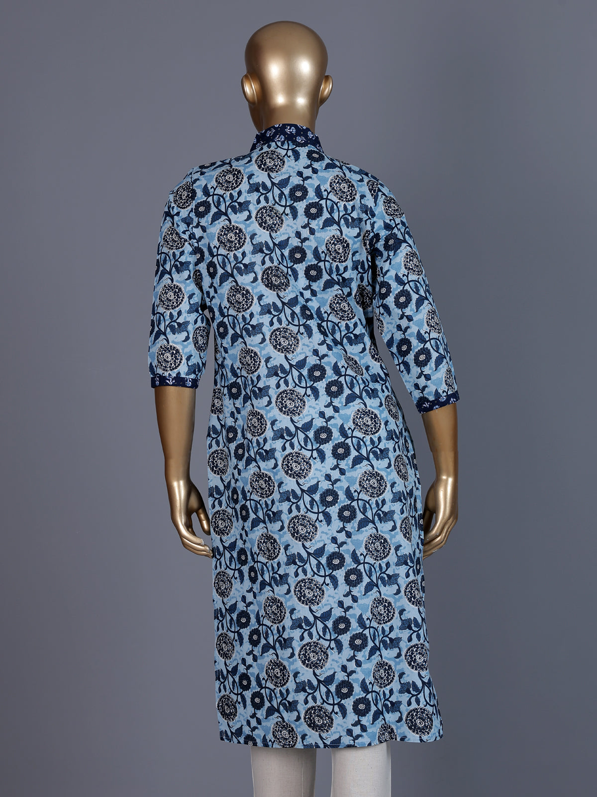 Blue floral printed silk casual kurti with V neck