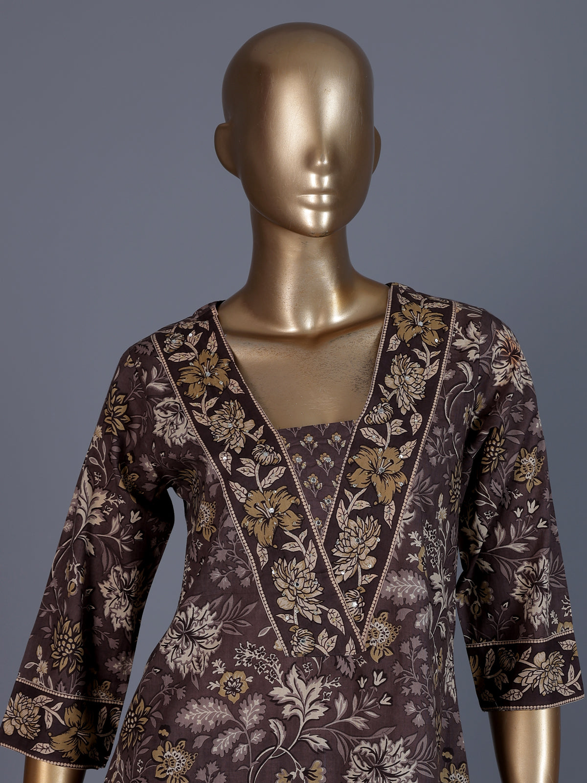 Grey cotton silk floral printed kurti set with dupatta