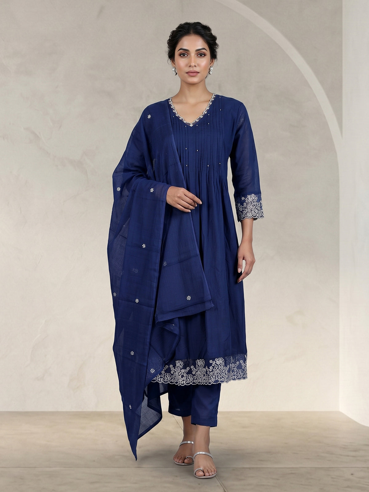 Blue cotton embroidered festive kurti set with dupatta