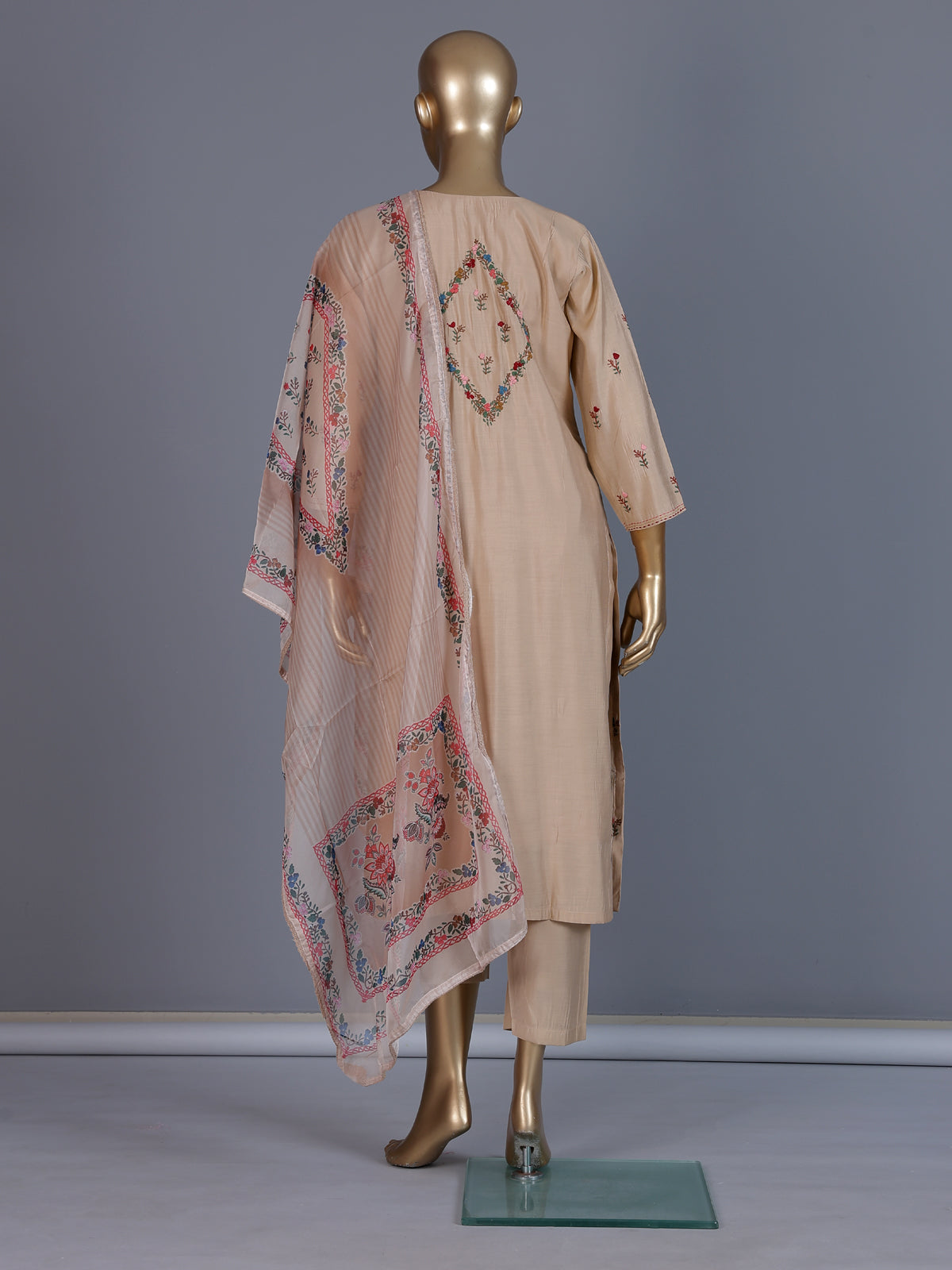 Beige silk V neck straight cut kurti set