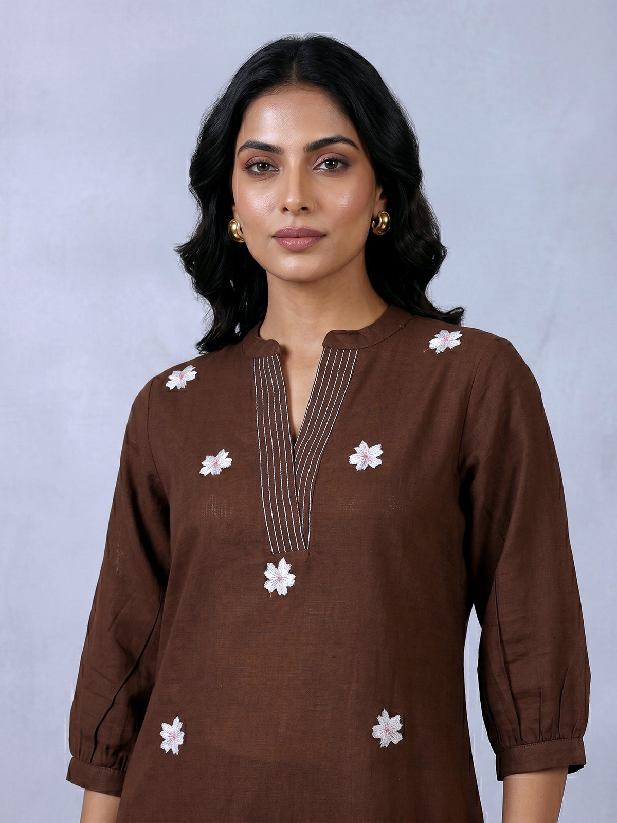 Brown cotton embroidered casual co ord set for women