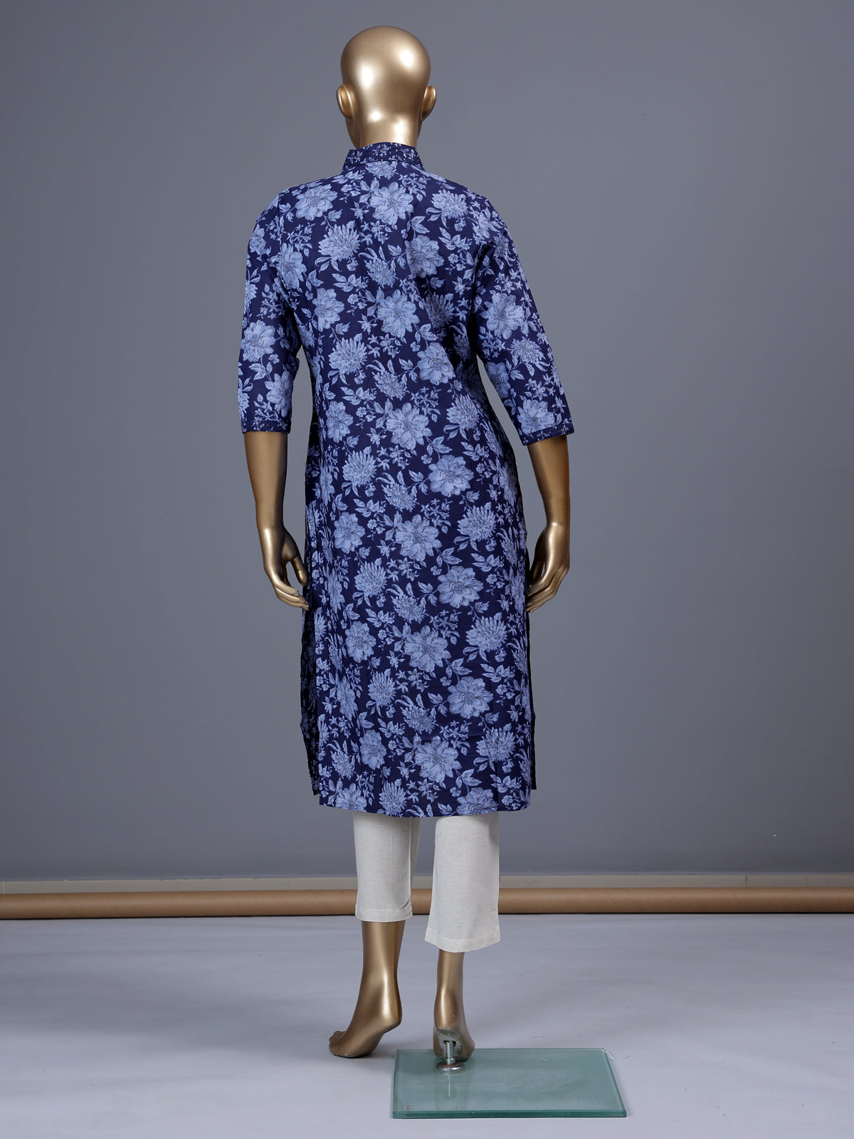 Navy blue floral printed cotton blend ethnic kurti