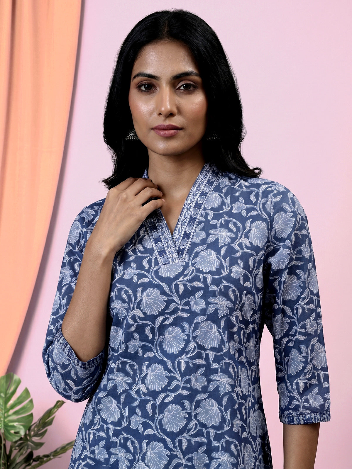 Stone grey floral printed cotton blend casual wear kurti