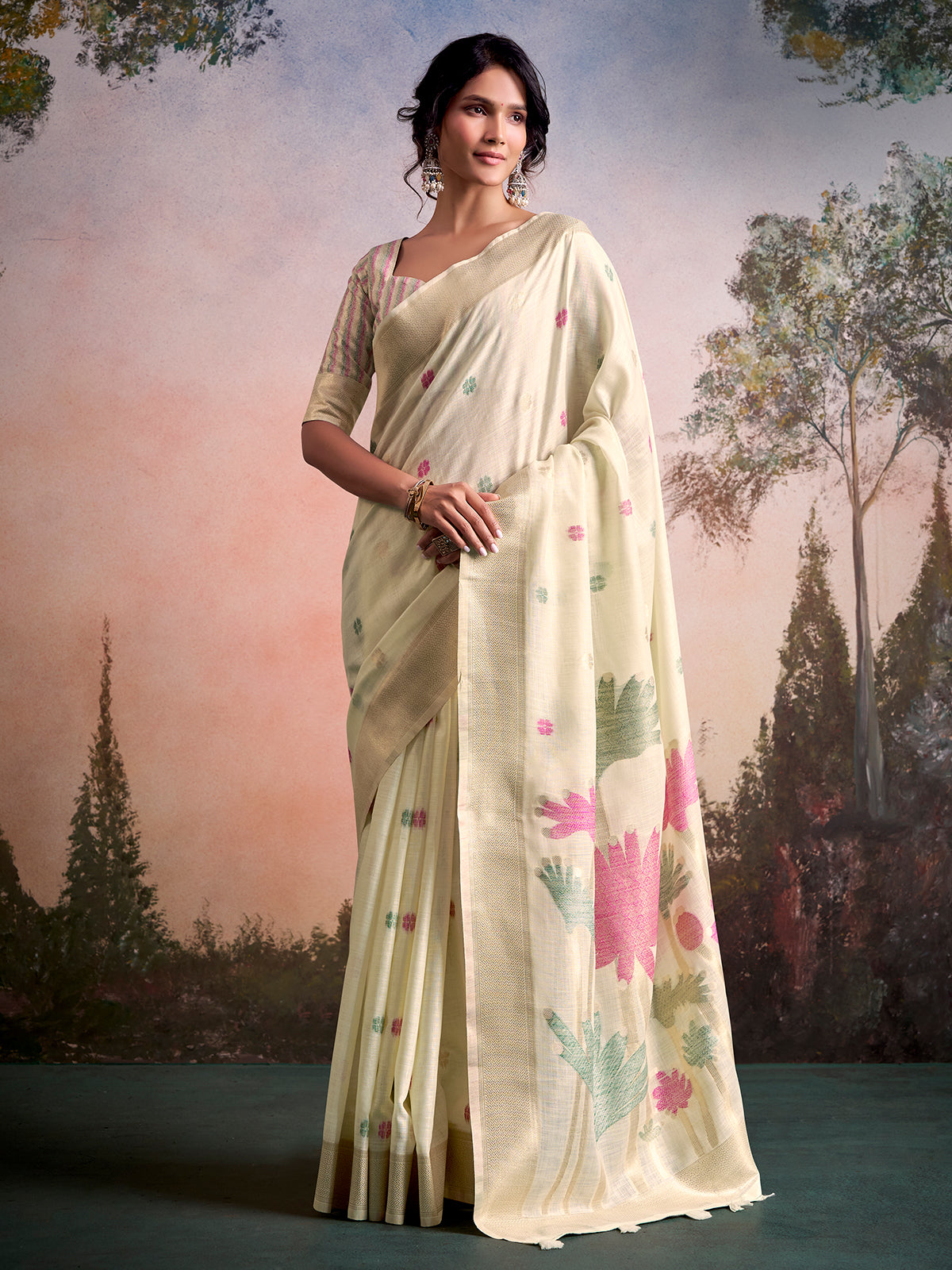 Cream nature inspired linen silk festive saree