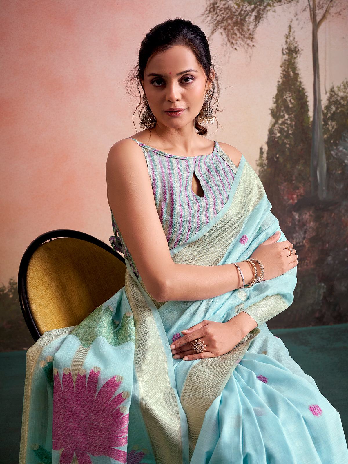 Sky blue botanical charm linen silk saree with unstitched blouse