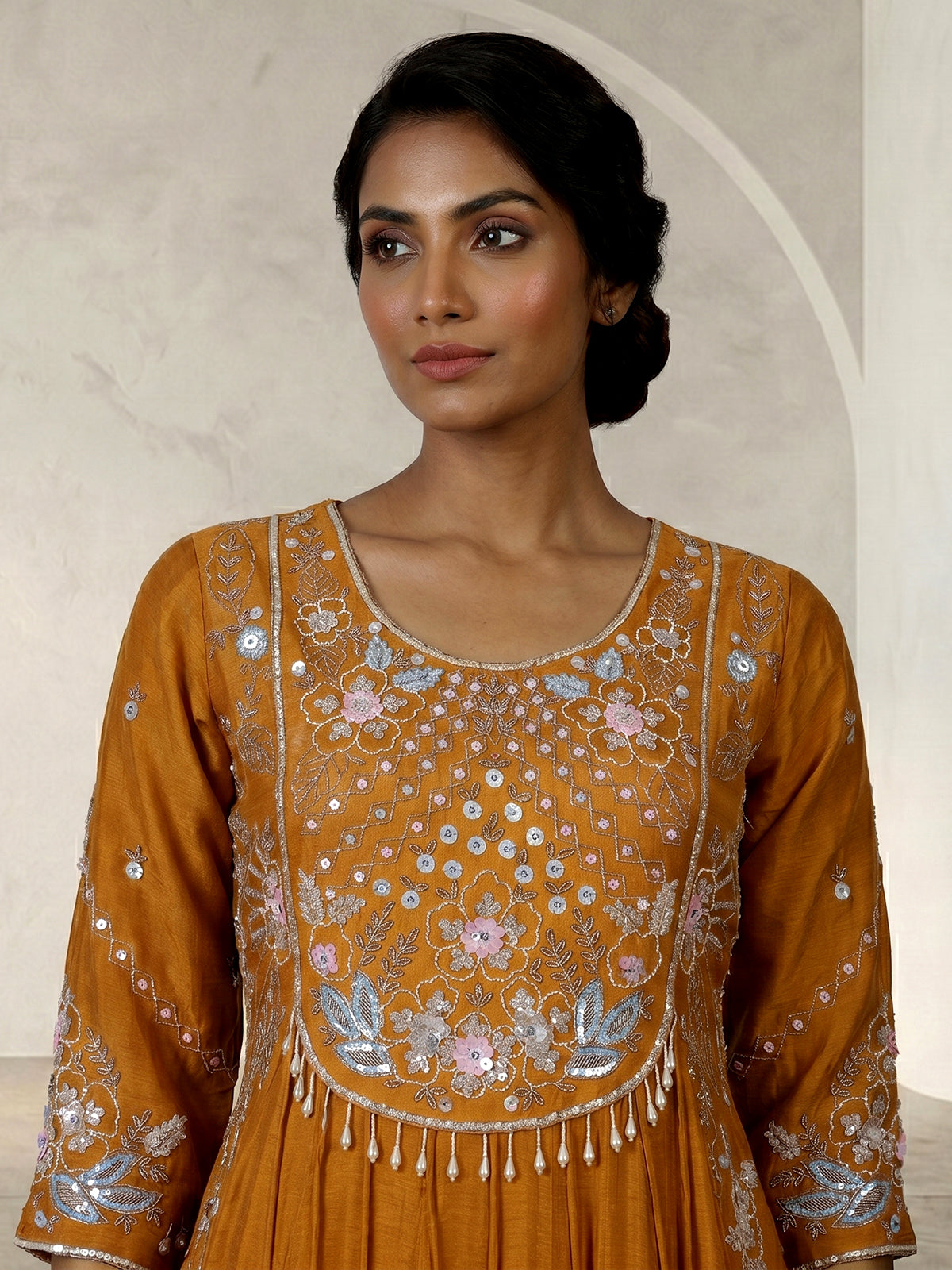 Mustard yellow silk anarkali suit with dupatta design
