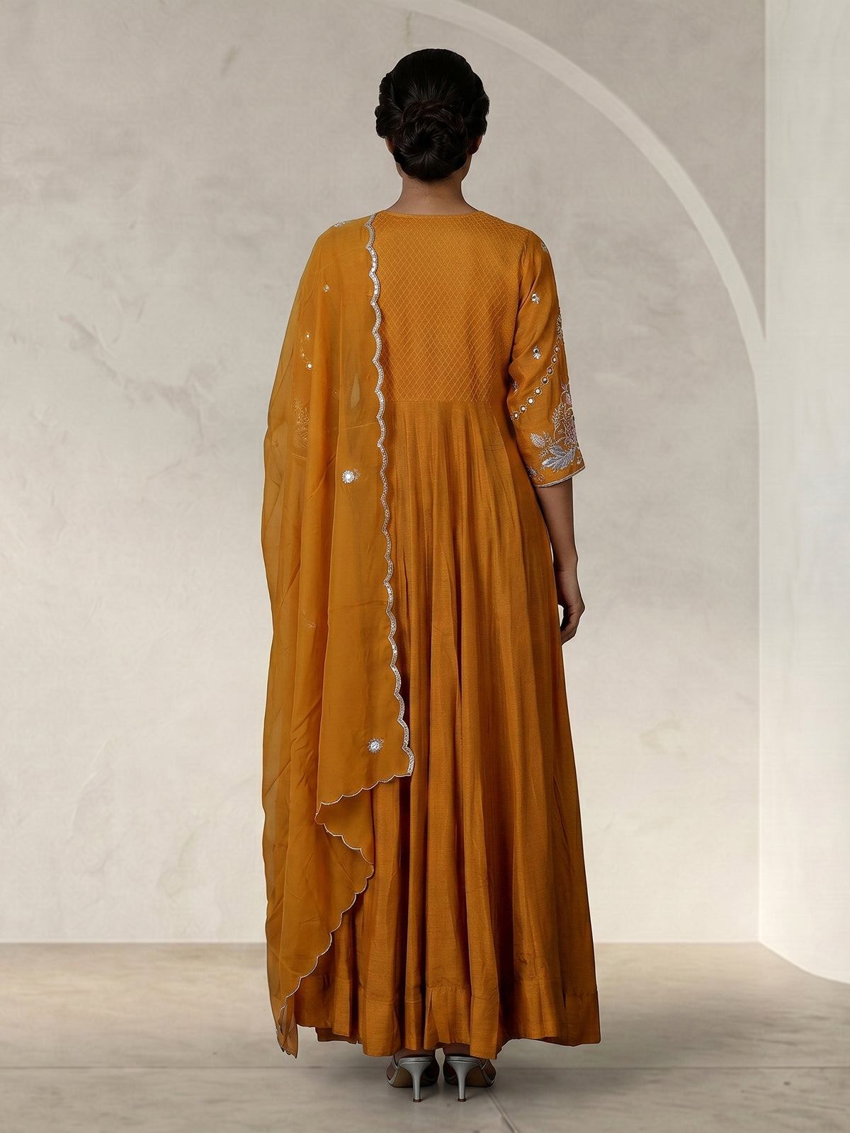 Mustard yellow silk anarkali suit with dupatta design