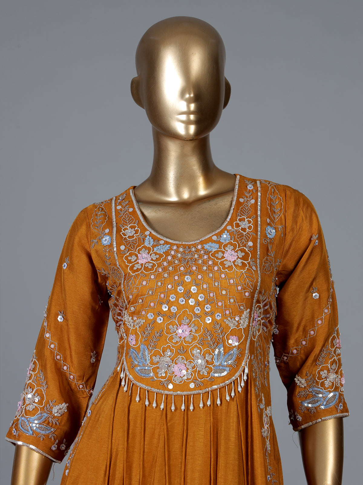 Mustard yellow silk anarkali suit with dupatta design