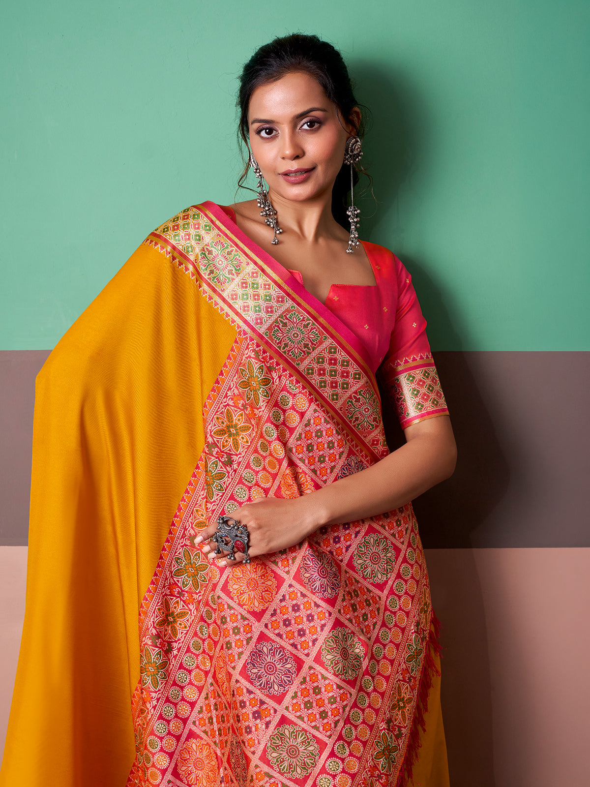 Mustard yellow festive ikat weave saree