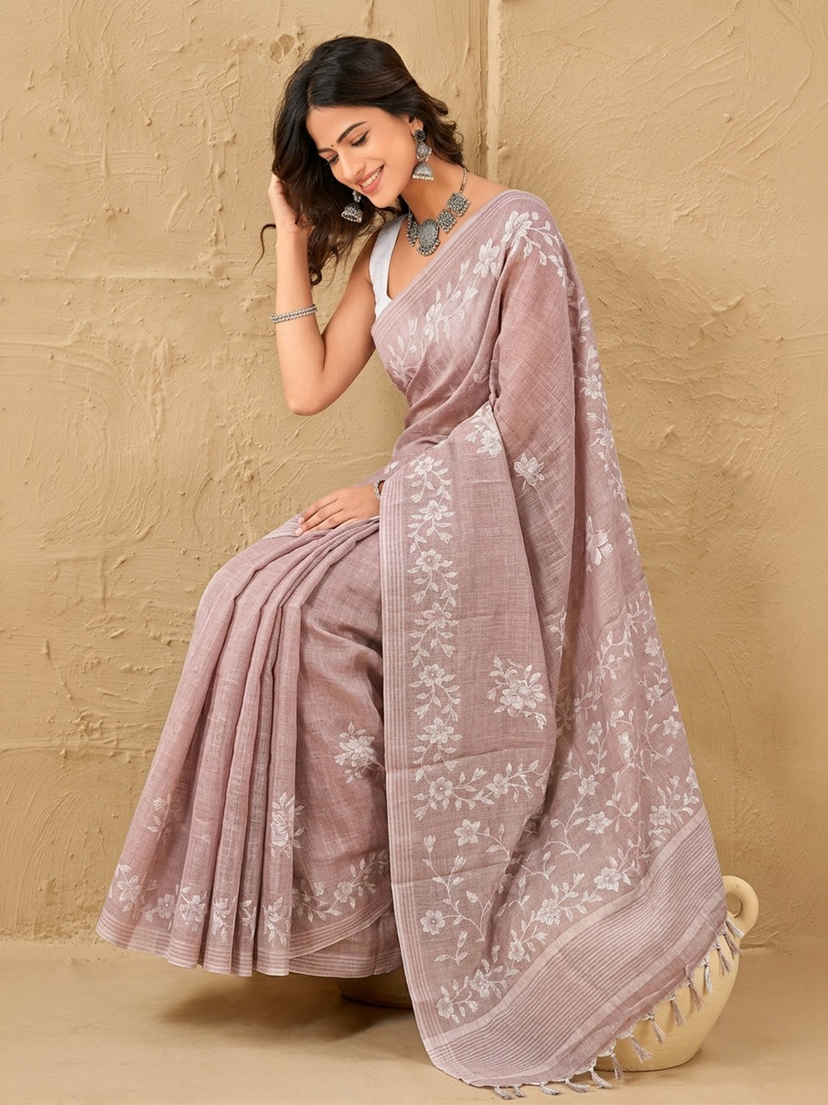 Light brown printed saree with natural elegance