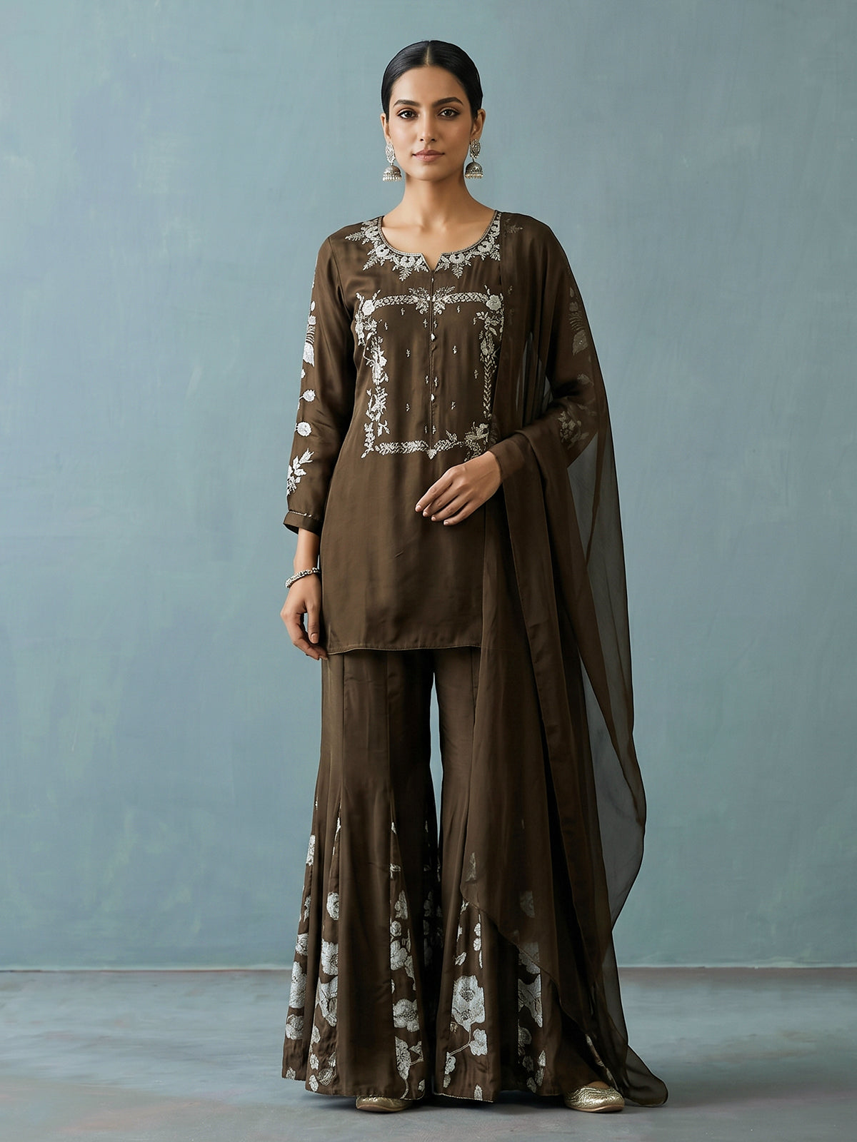 Mehendi green crepe silk palazzo suit elegance