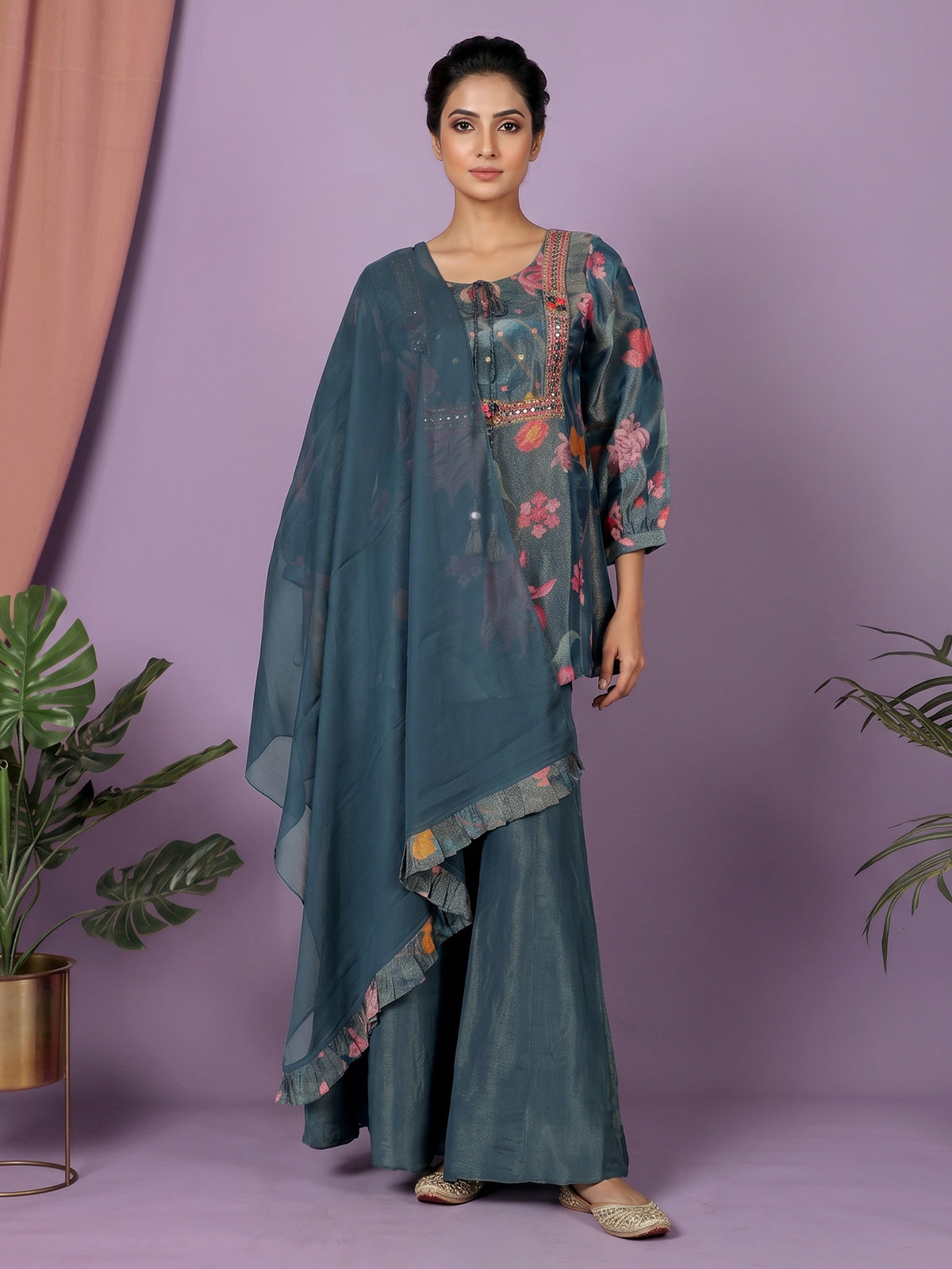 Stone blue silk yoke style palazzo suit