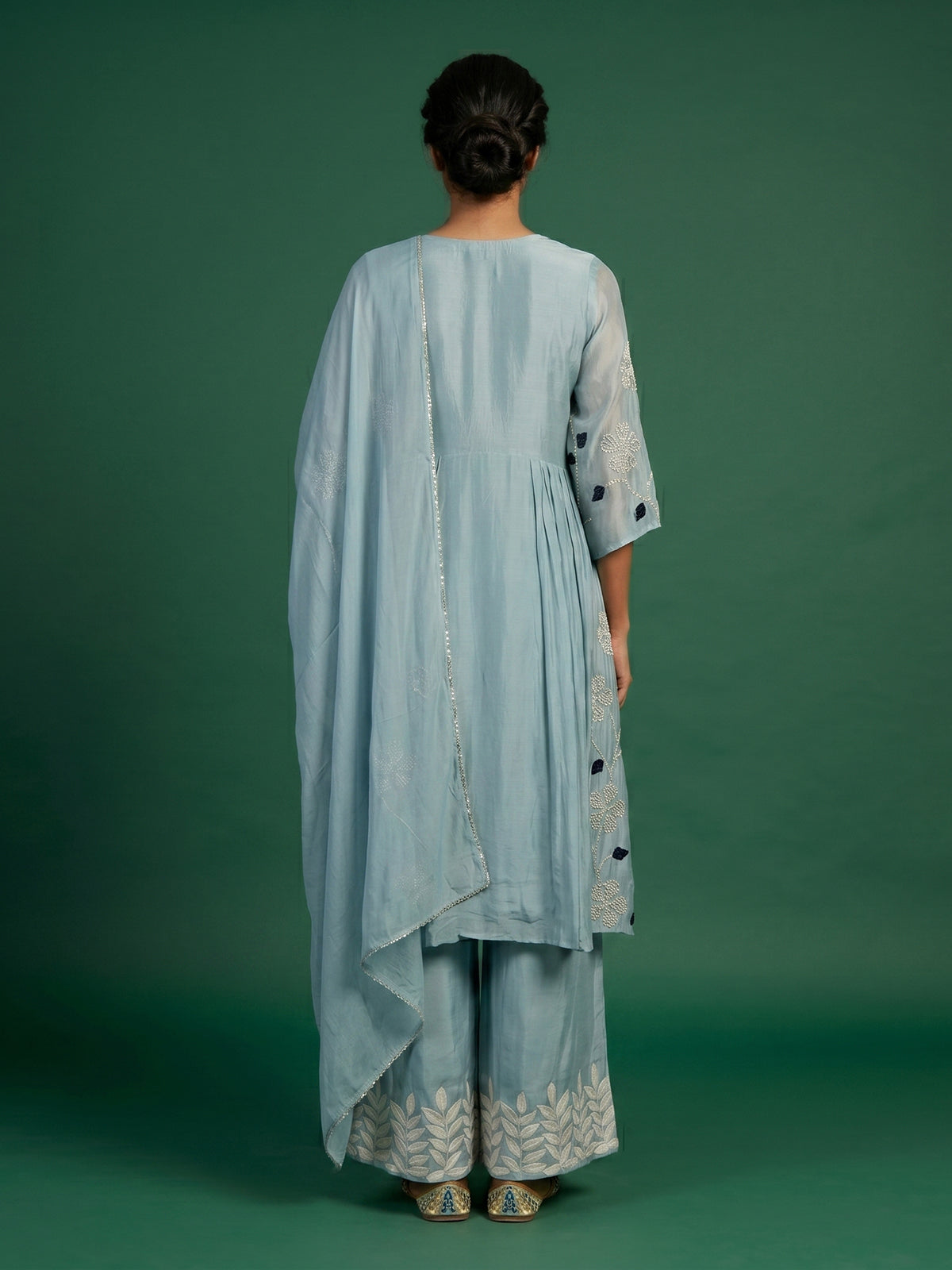 Firozi blue chinon silk palazzo suit with dupatta