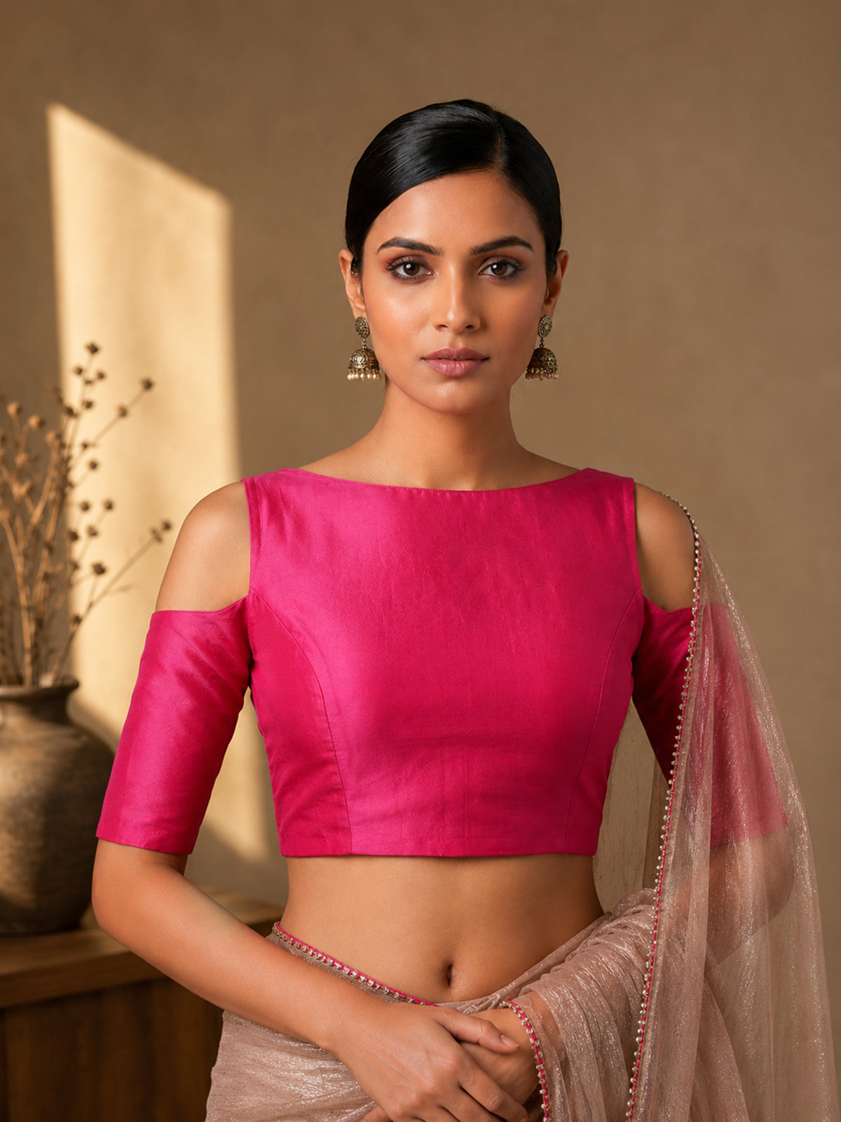Magenta art silk boat neck elbow sleeve blouse