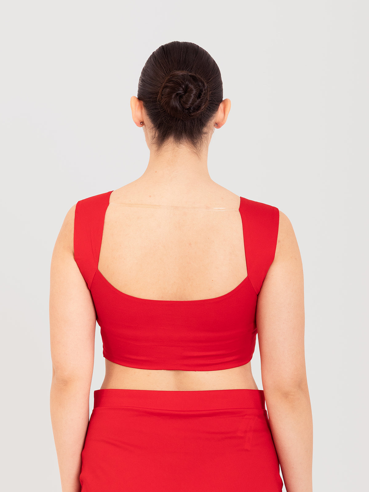 Red cotton lycra curved sweetheart neck sleeveless blouse