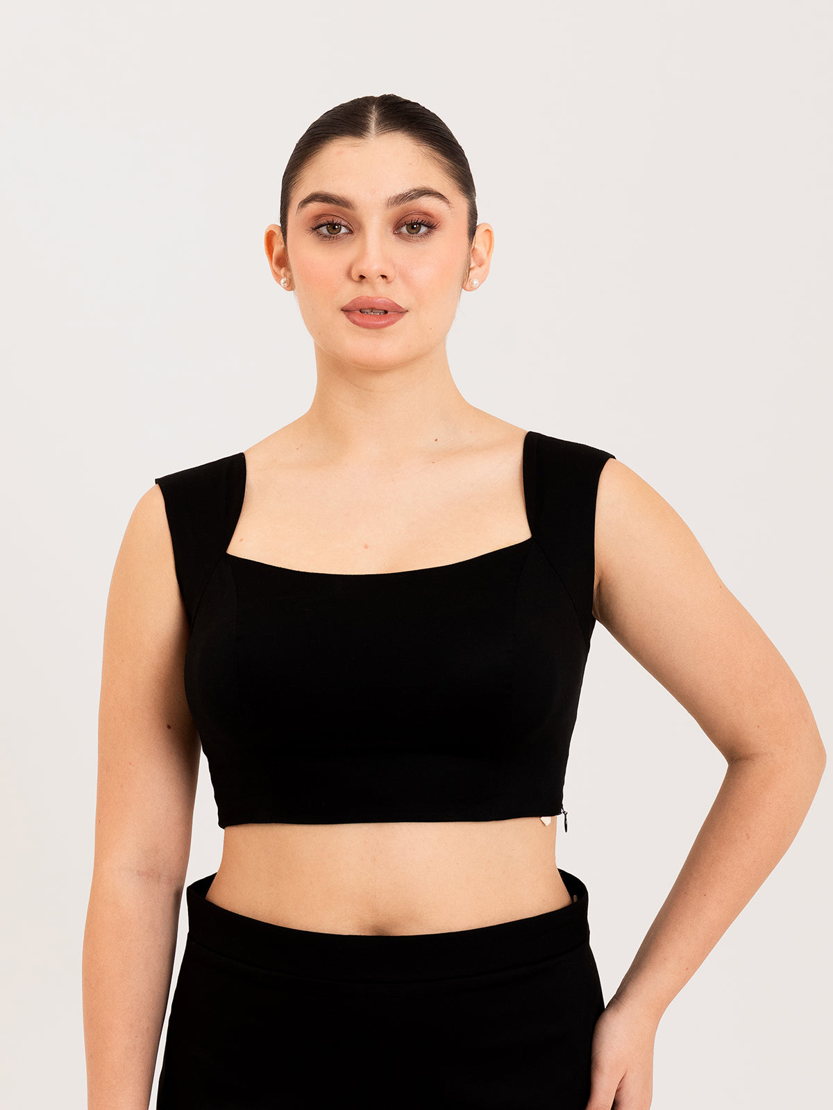 Black cotton lyra curved sweetheart neck sleeveless blouse