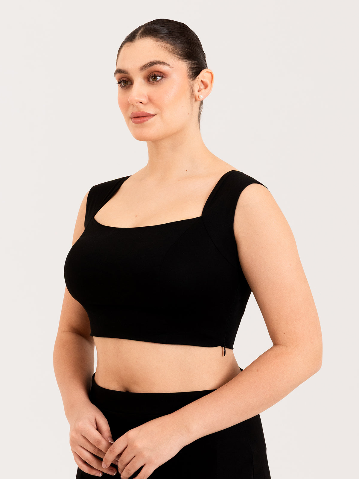 Black cotton lyra curved sweetheart neck sleeveless blouse