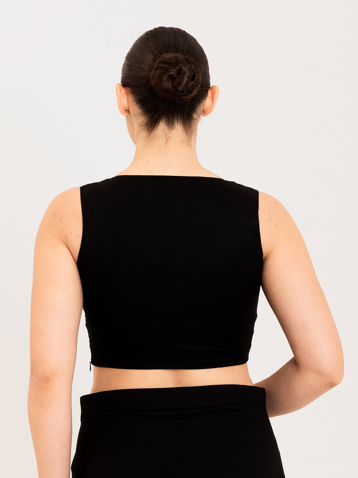 Black cotton lycra sweetheart neck sleeveless blouse