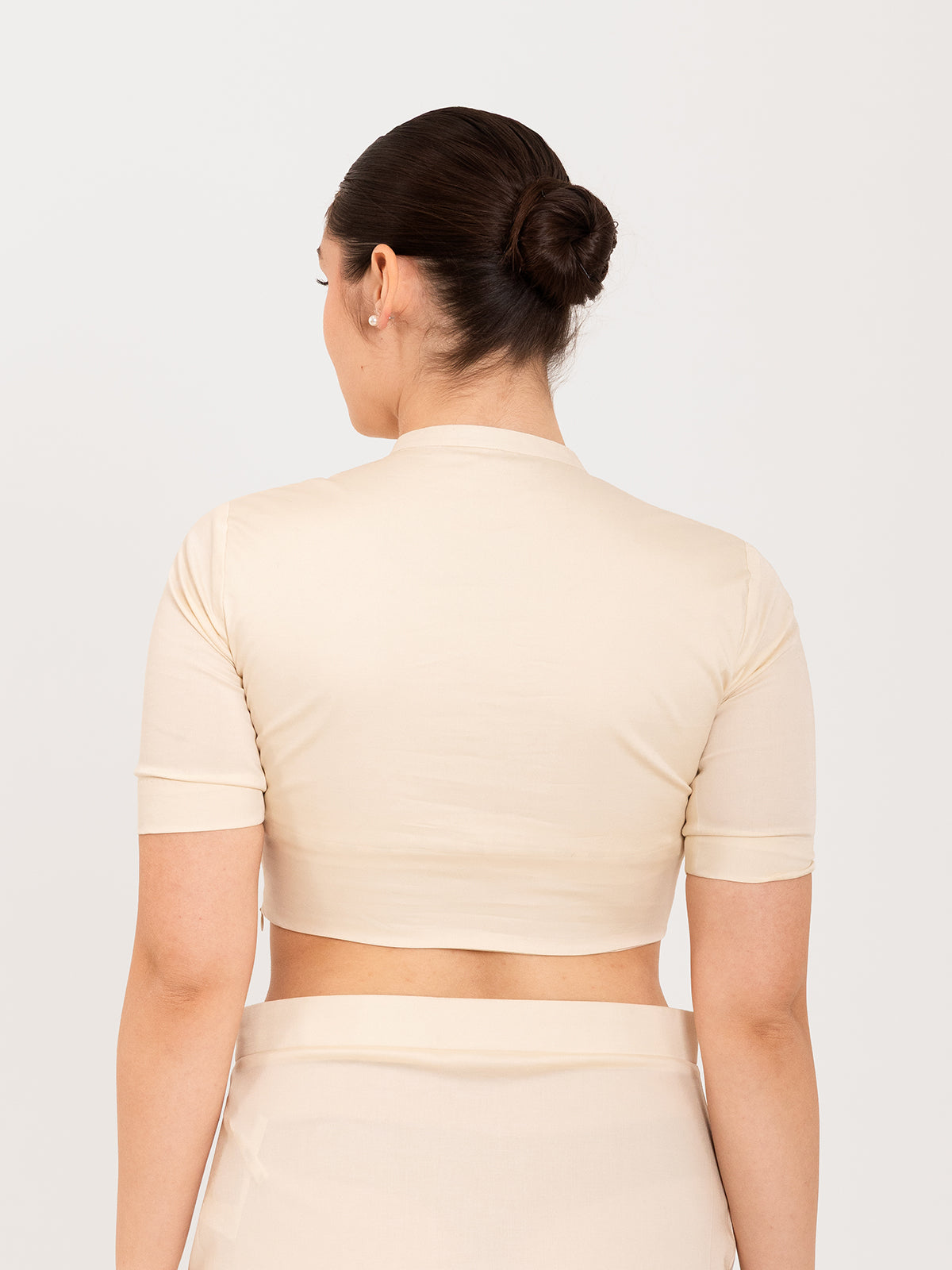 White cotton lycra collar neck half sleeves blouse