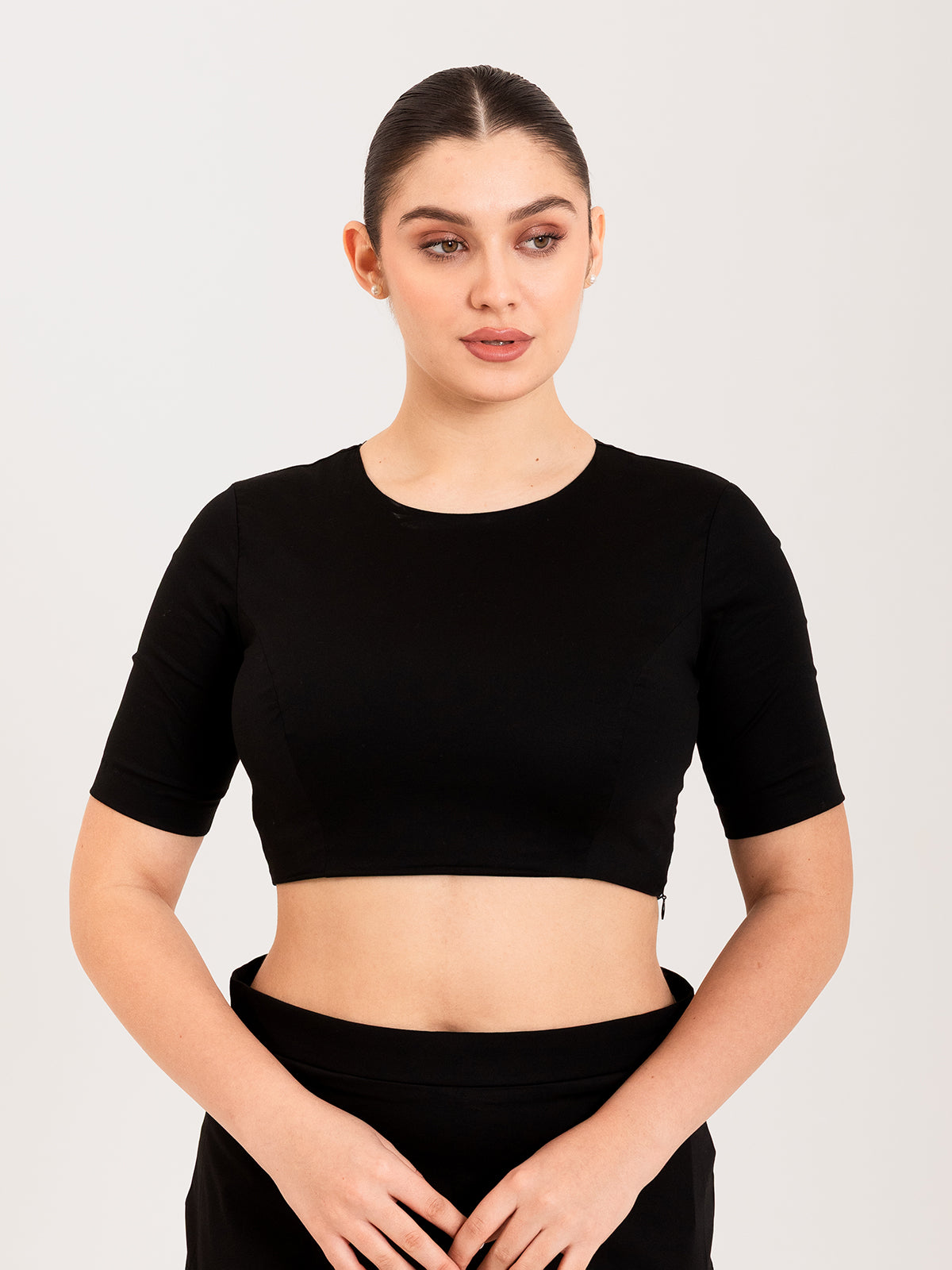 Black cotton lycra round neck half sleeves blouse