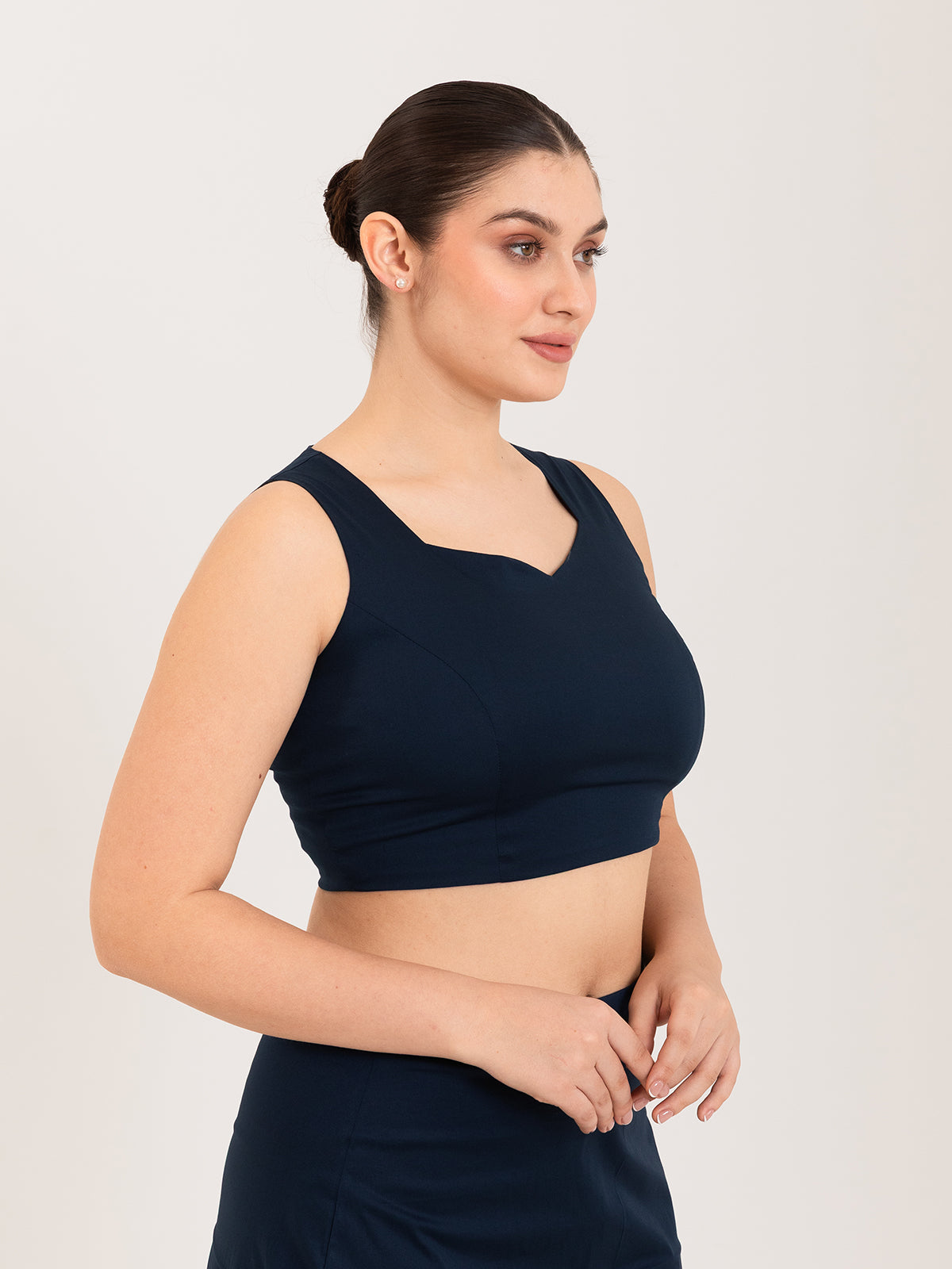 Blue cotton lycra sweetheart neck sleeveless blouse