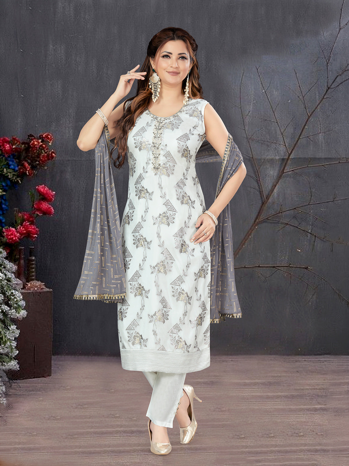 White printed silk straight cut salwar suit