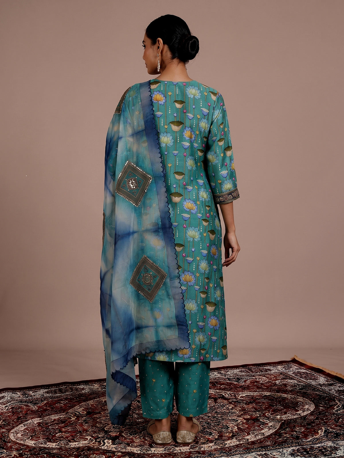 Green printed muslin silk pant suit