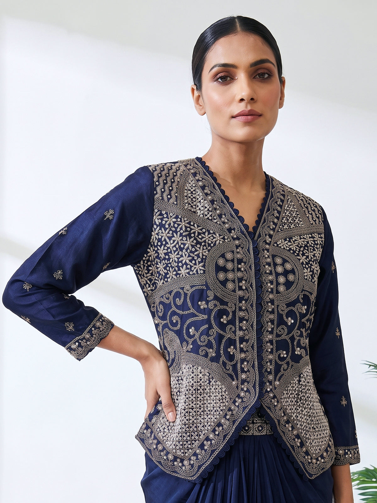 Navy blue premium satin silk indo western suit