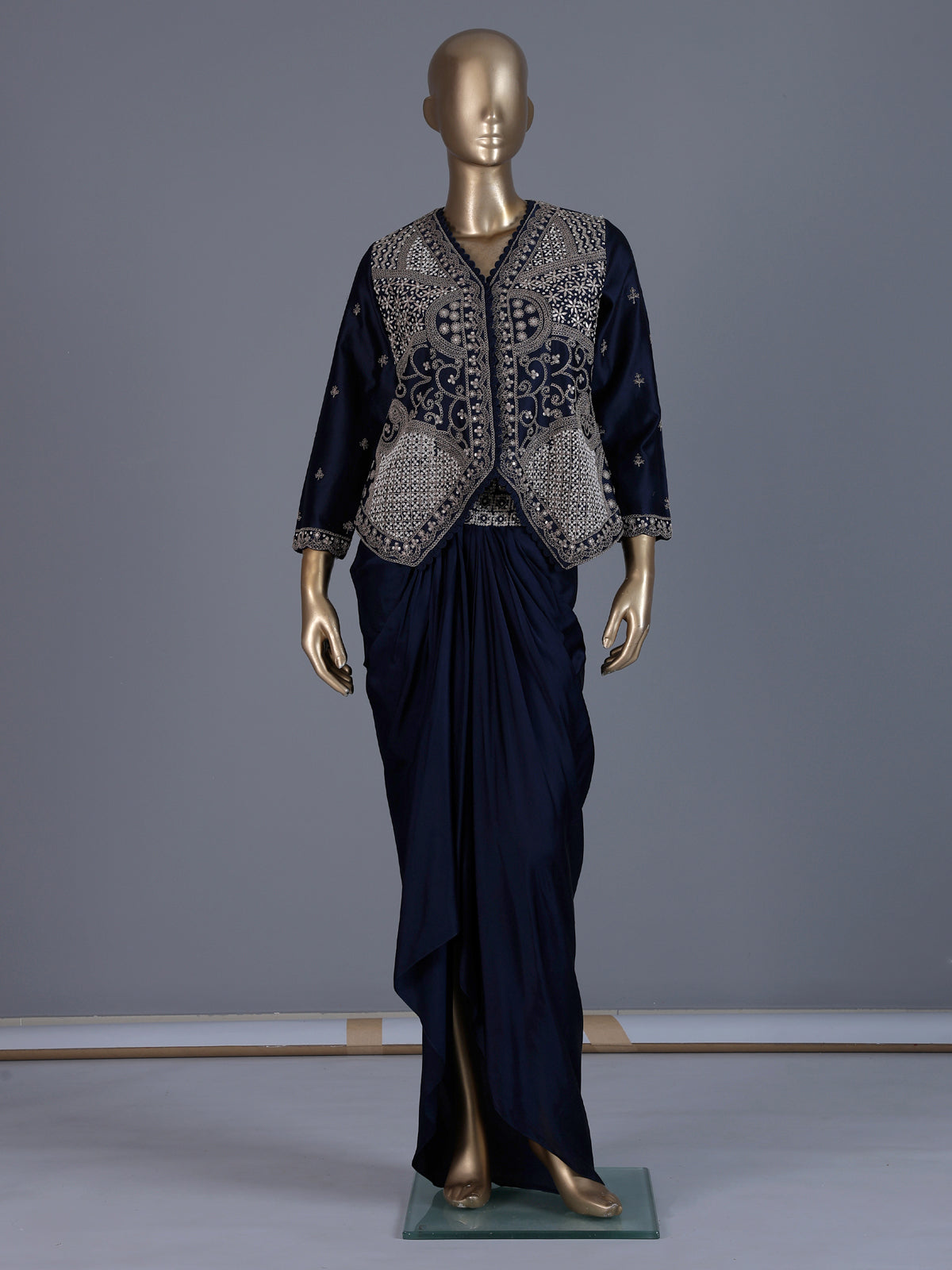 Navy blue premium satin silk indo western suit