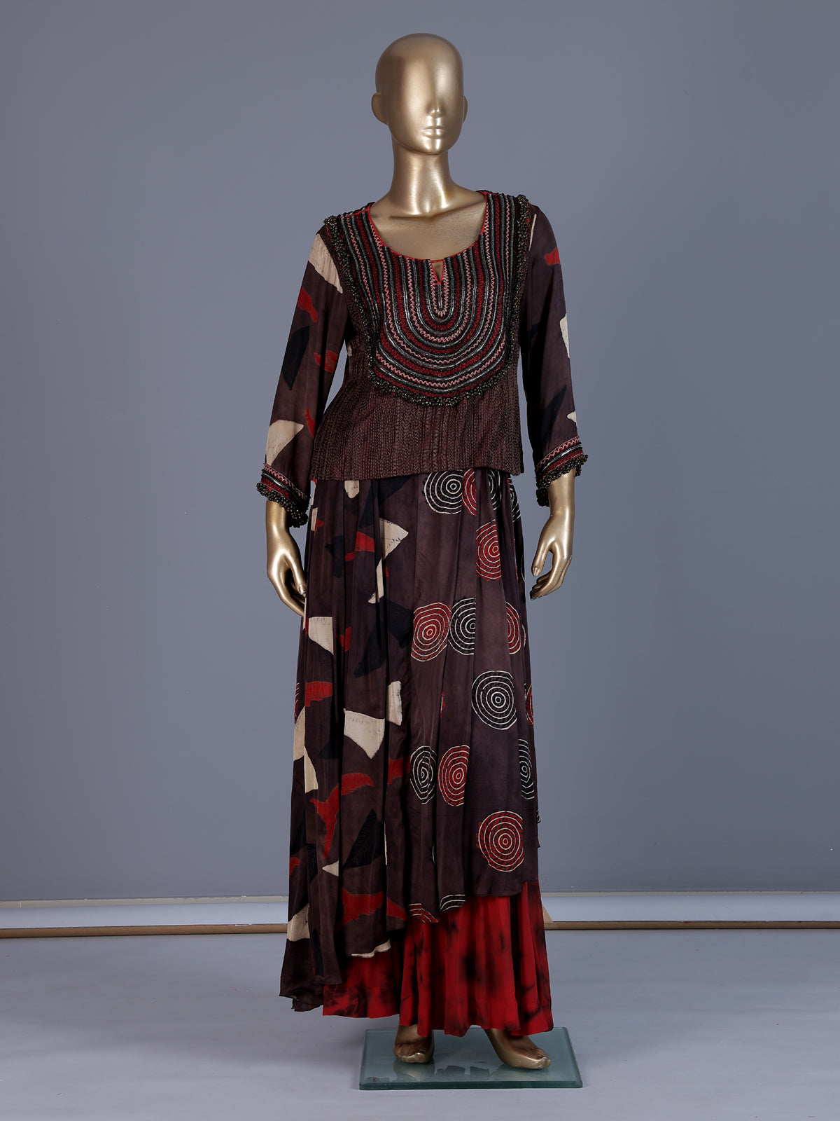 Brown printed designer maxi skirt suit