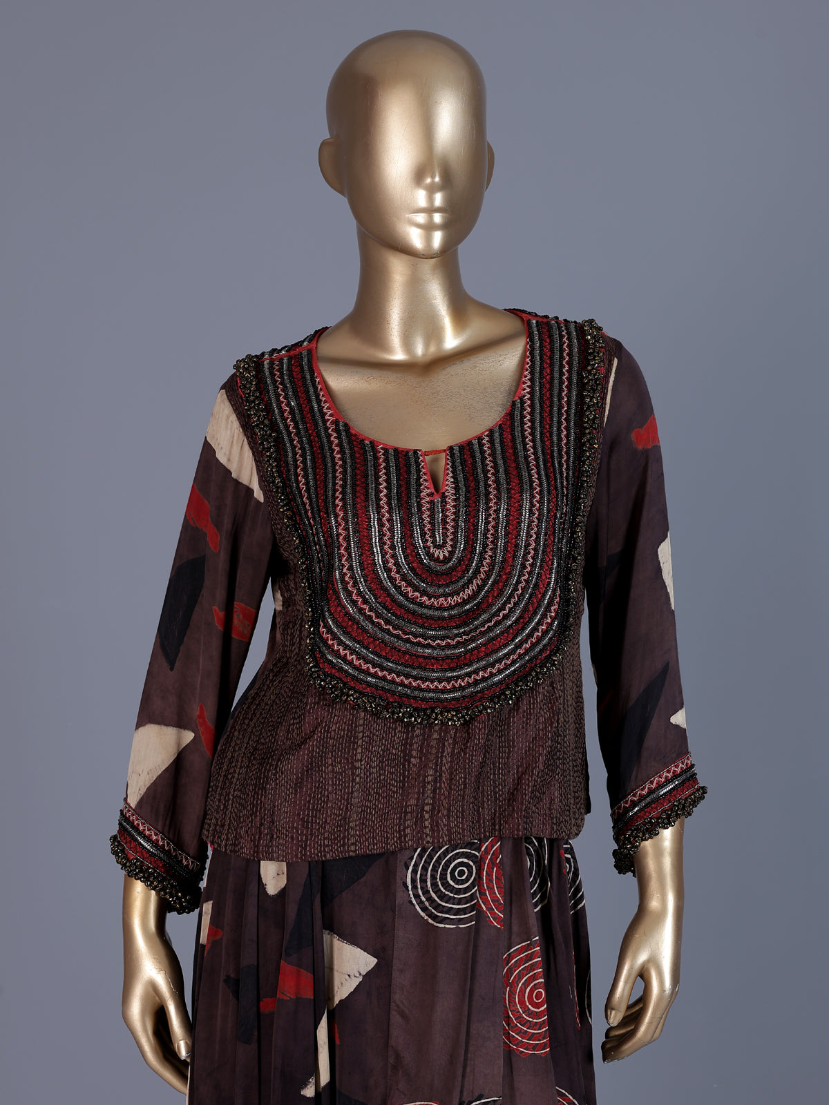 Brown printed designer maxi skirt suit