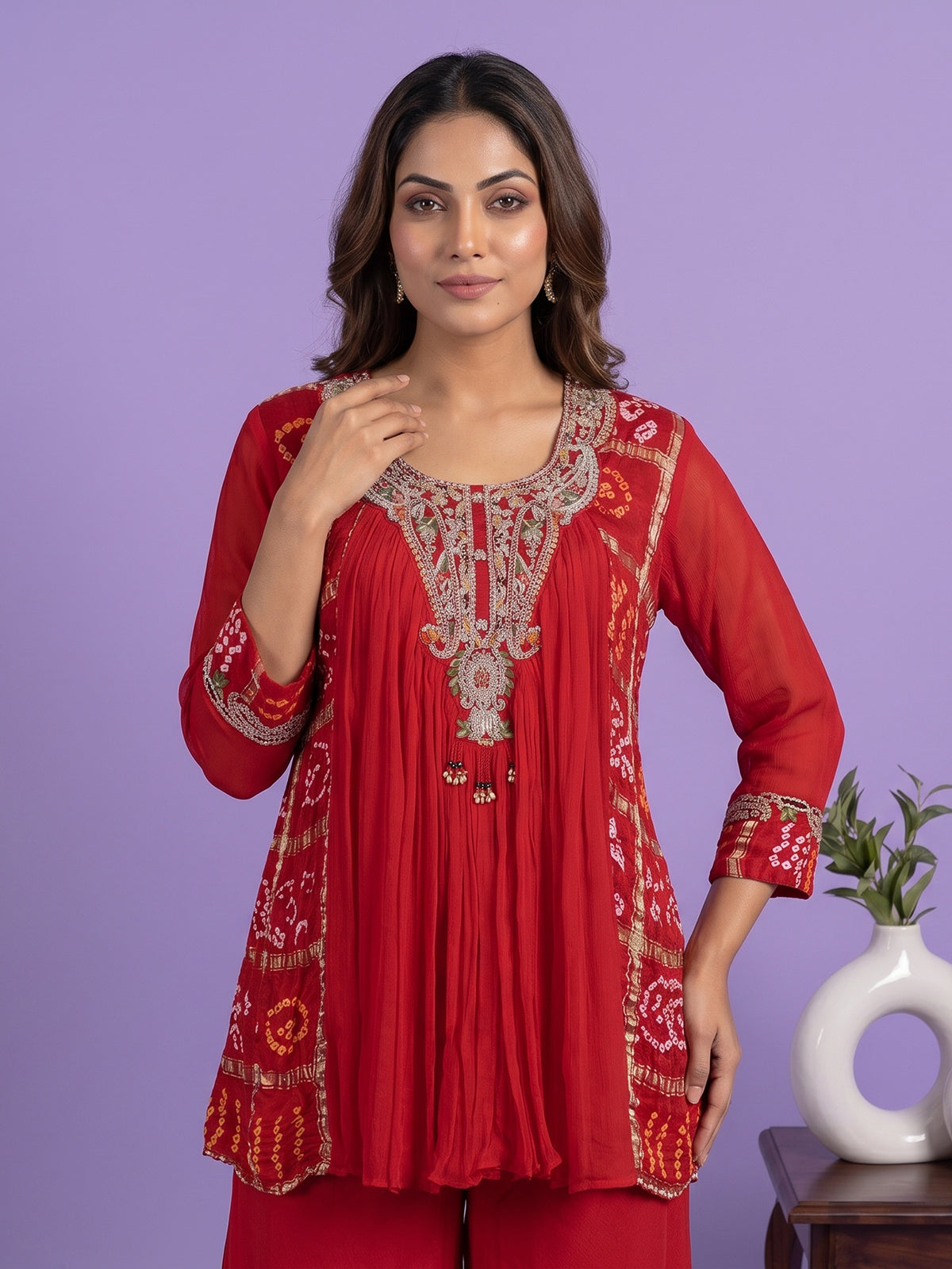 Red printed georgette silk palazzo suit