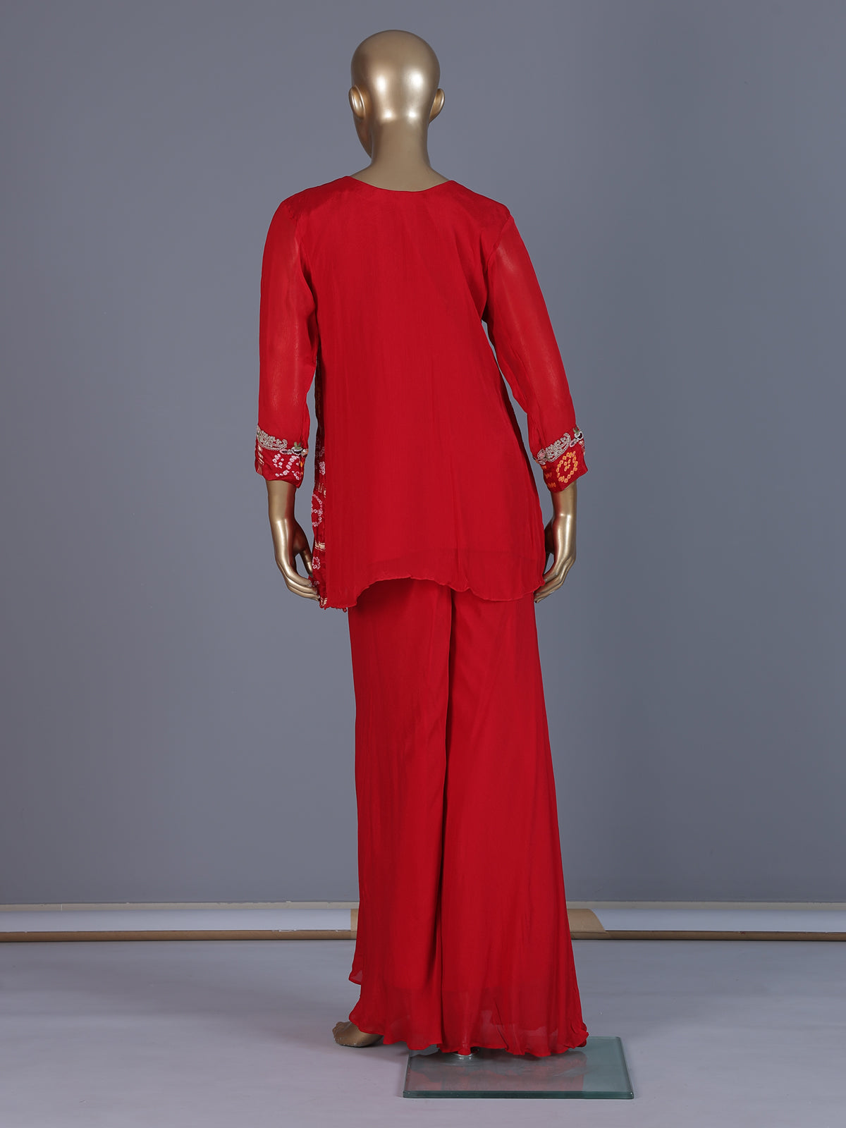 Red printed georgette silk palazzo suit