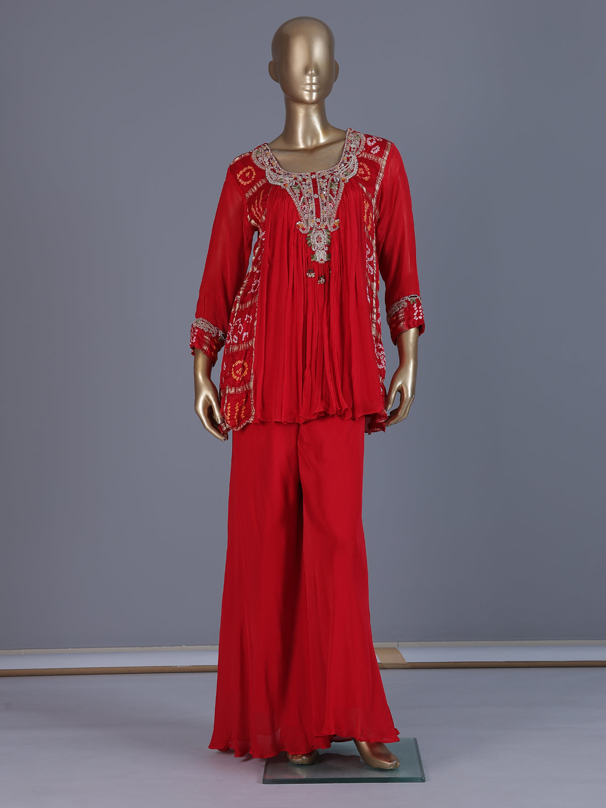 Red printed georgette silk palazzo suit