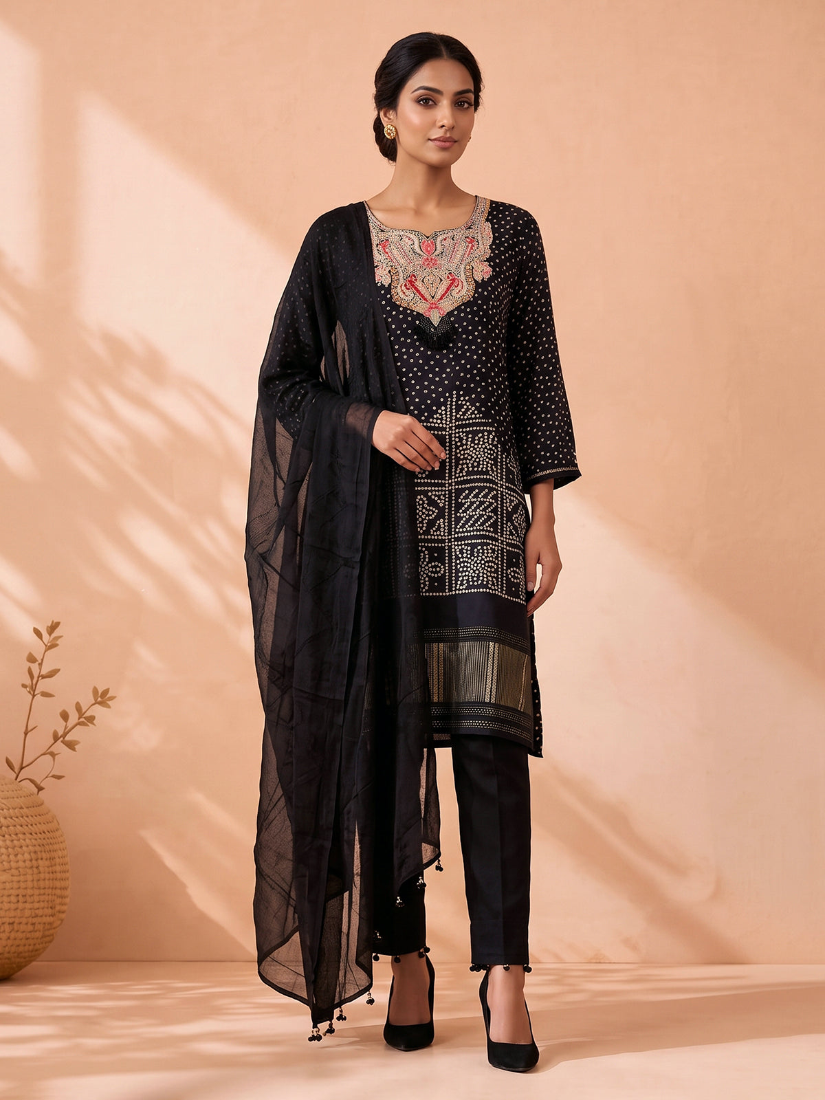 Black bandhani printed muslin silk pant suit