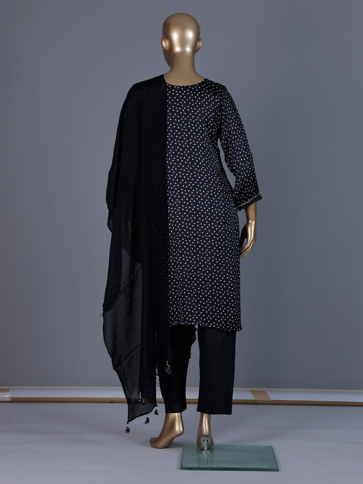 Black bandhani printed muslin silk pant suit