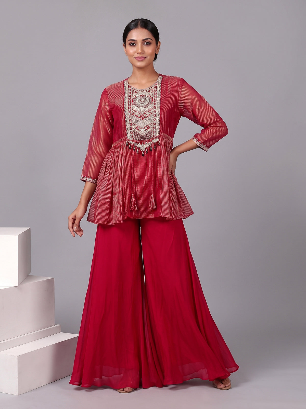Rani pink embroidered silk sharara suit