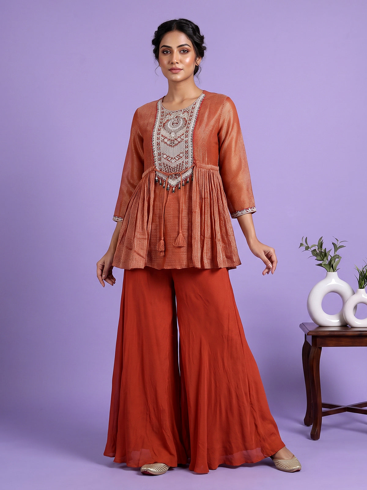 Rust orange designer silk sharara suit