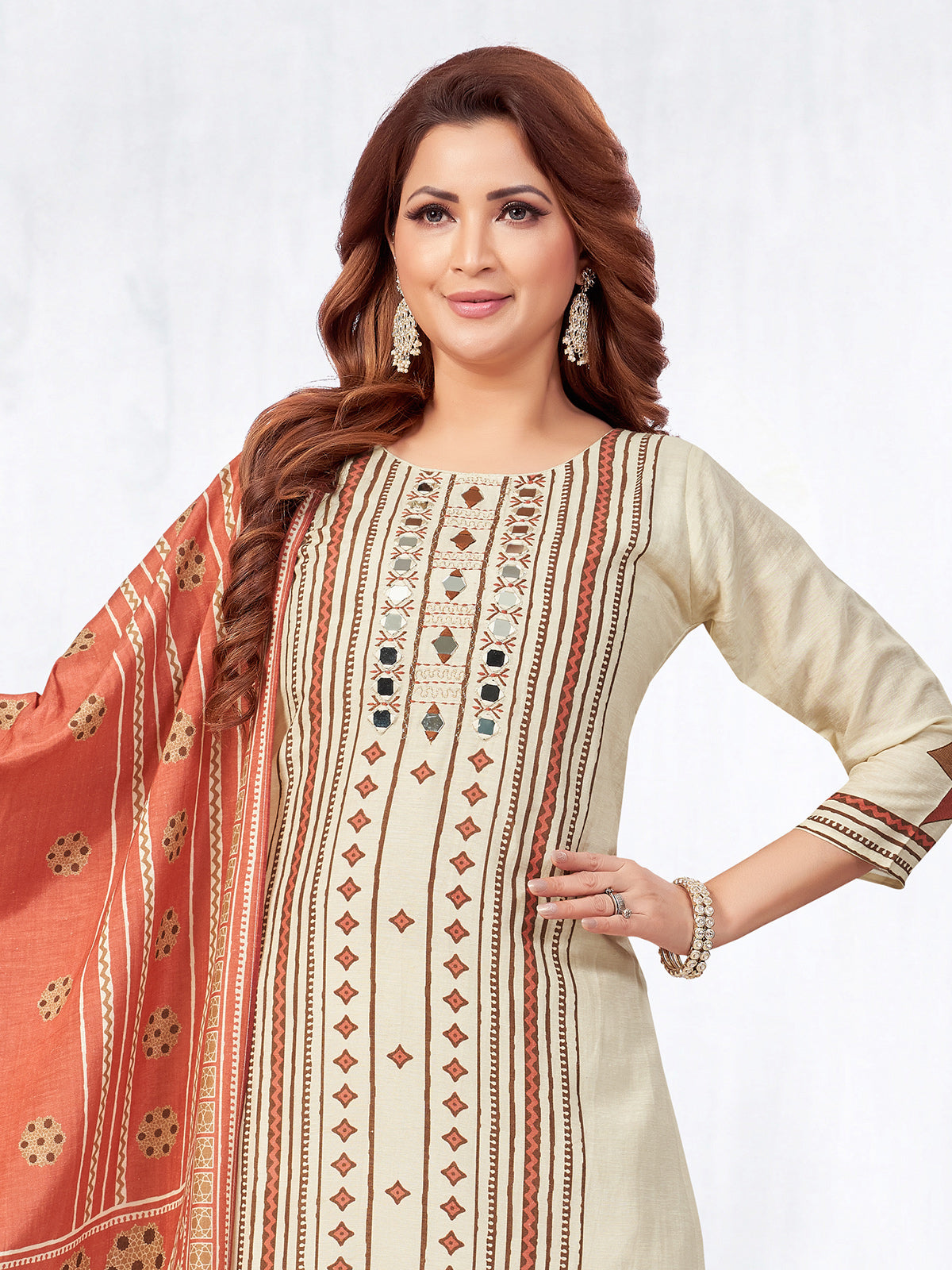 Beige and peach silk printed straight cut salwar suit