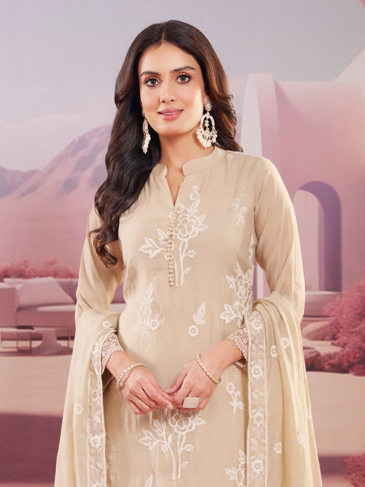 Beige silk straight cut embroidered salwar suit