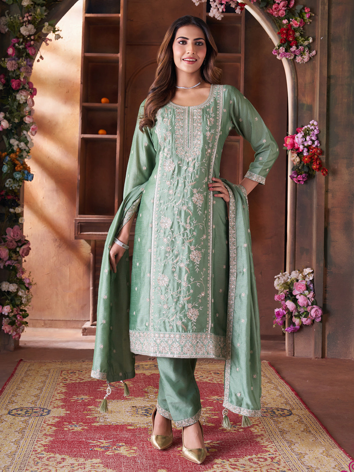 Pista green festive wear silk straight cut salwar suit