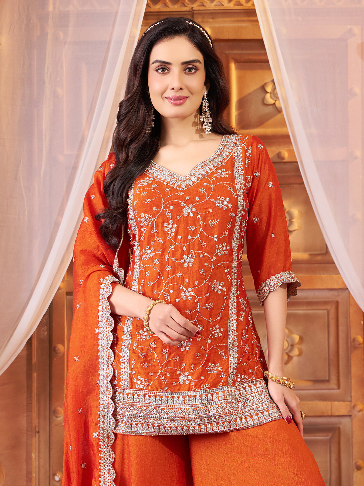 Deep orange chiffon palazzo suit with dupatta