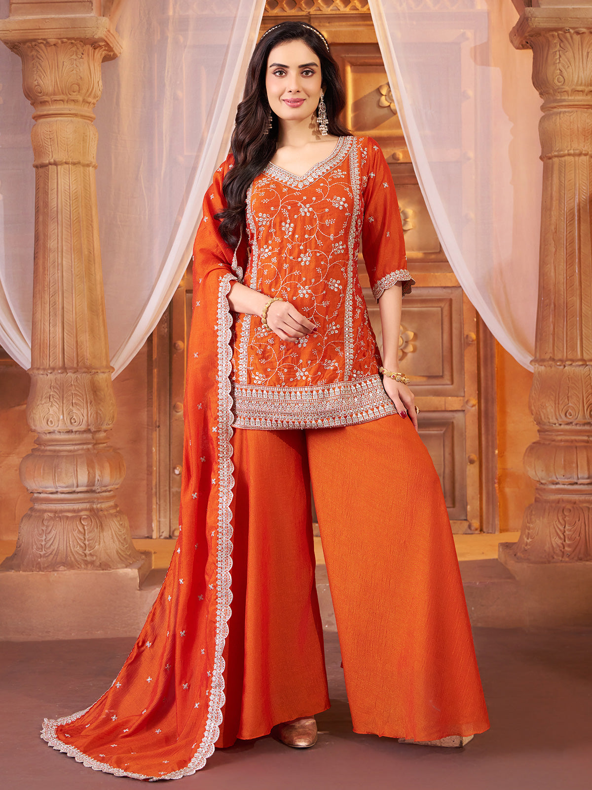Deep orange chiffon palazzo suit with dupatta