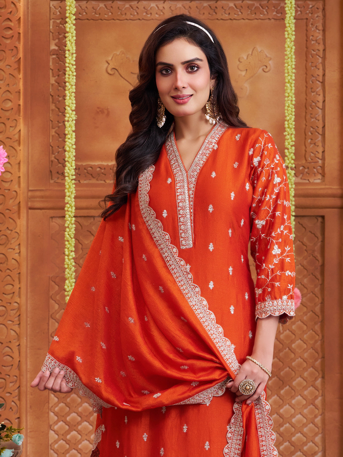 Deep orange silk pakistani style salwar suit