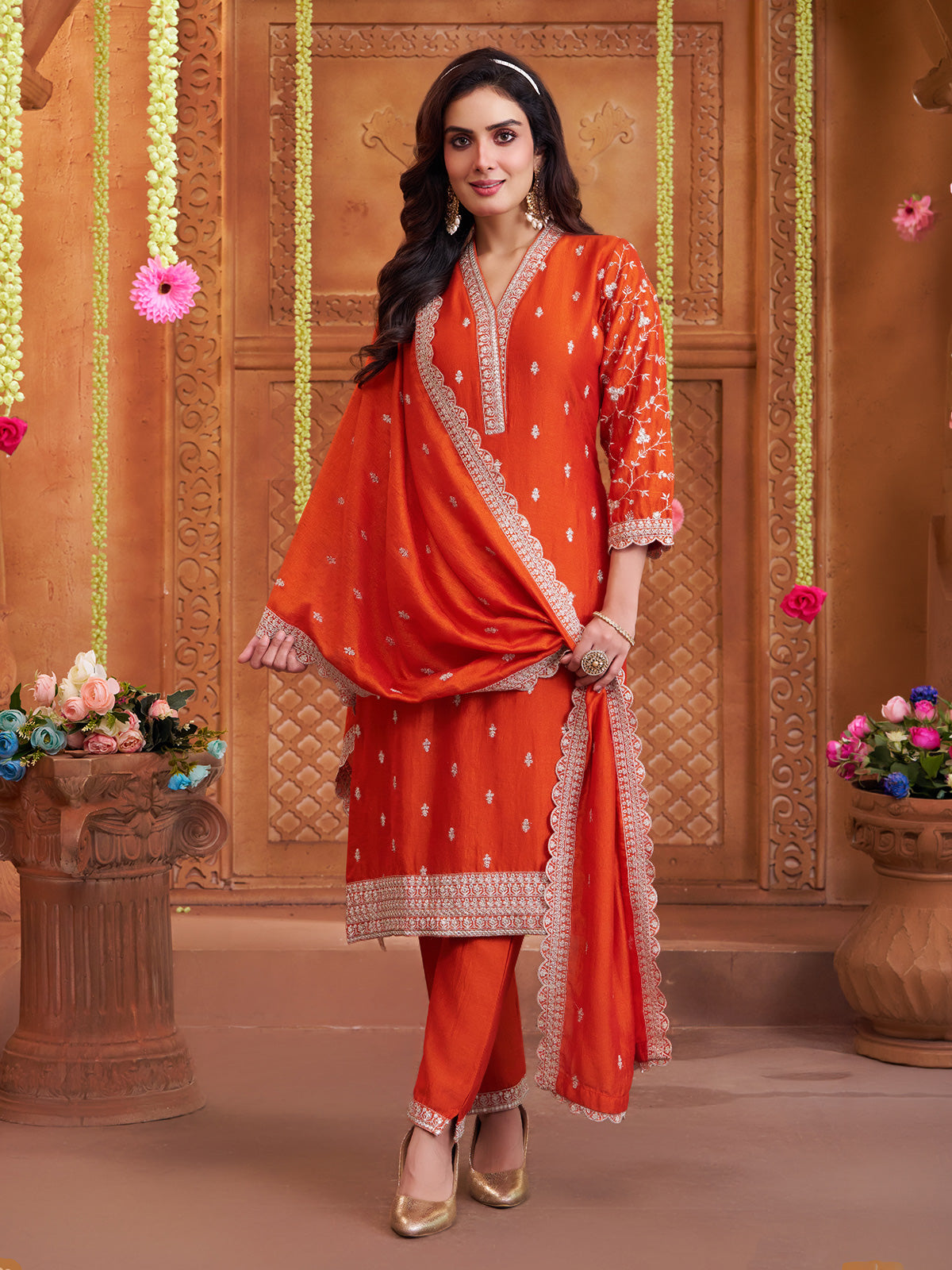 Deep orange silk pakistani style salwar suit