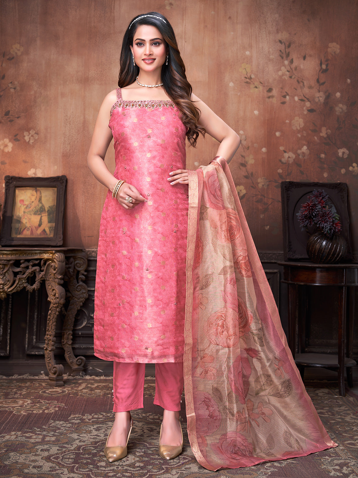 Pink silk straight cut salwar suit with dupatta