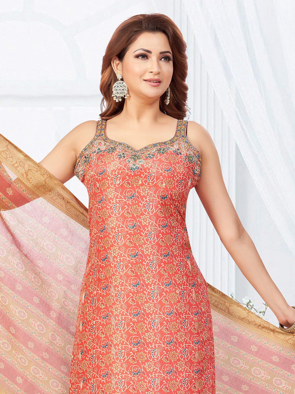 Peach printed silk straight cut salwar suit