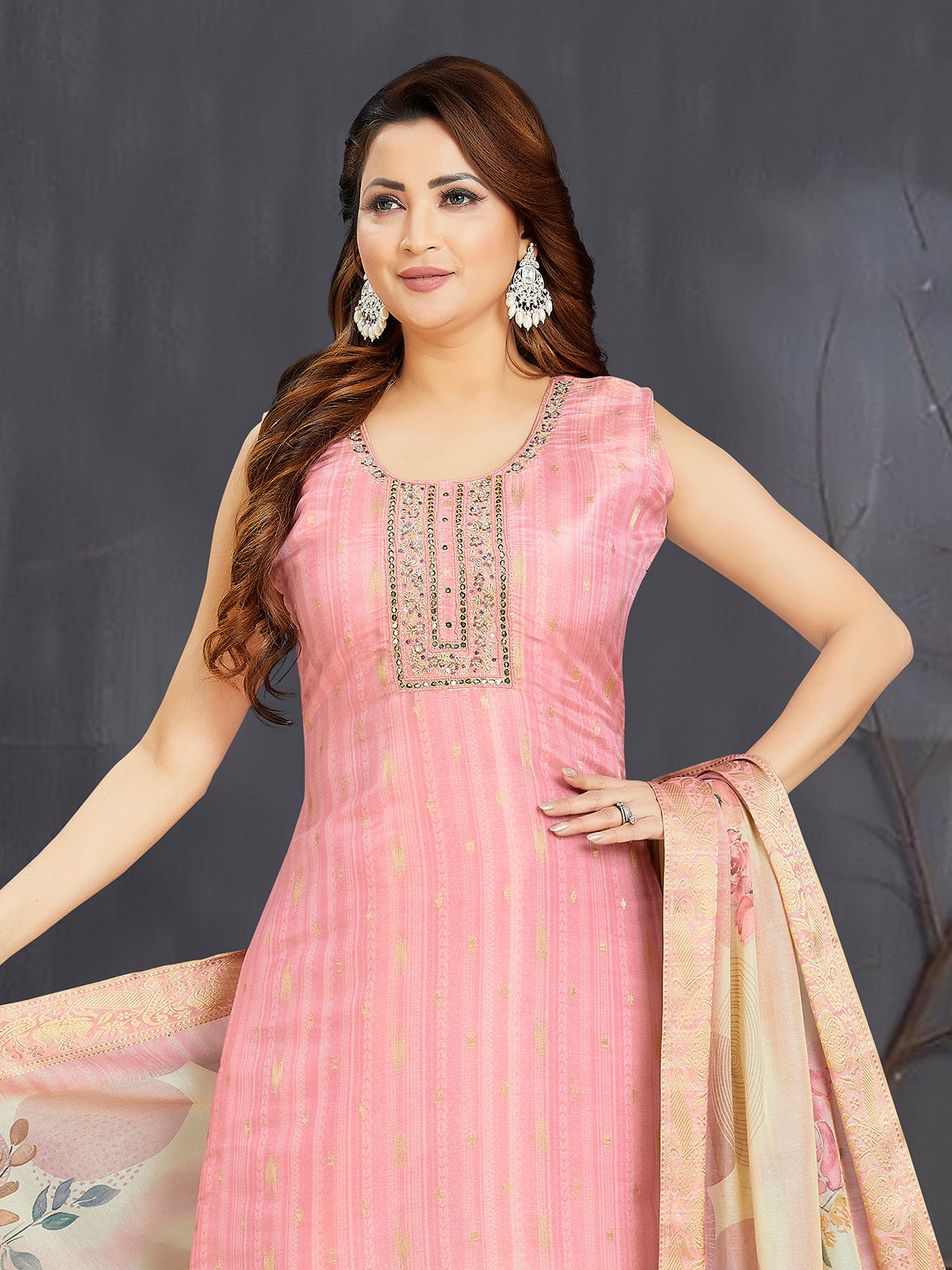 Pastel pink floral silk straight cut salwar suit